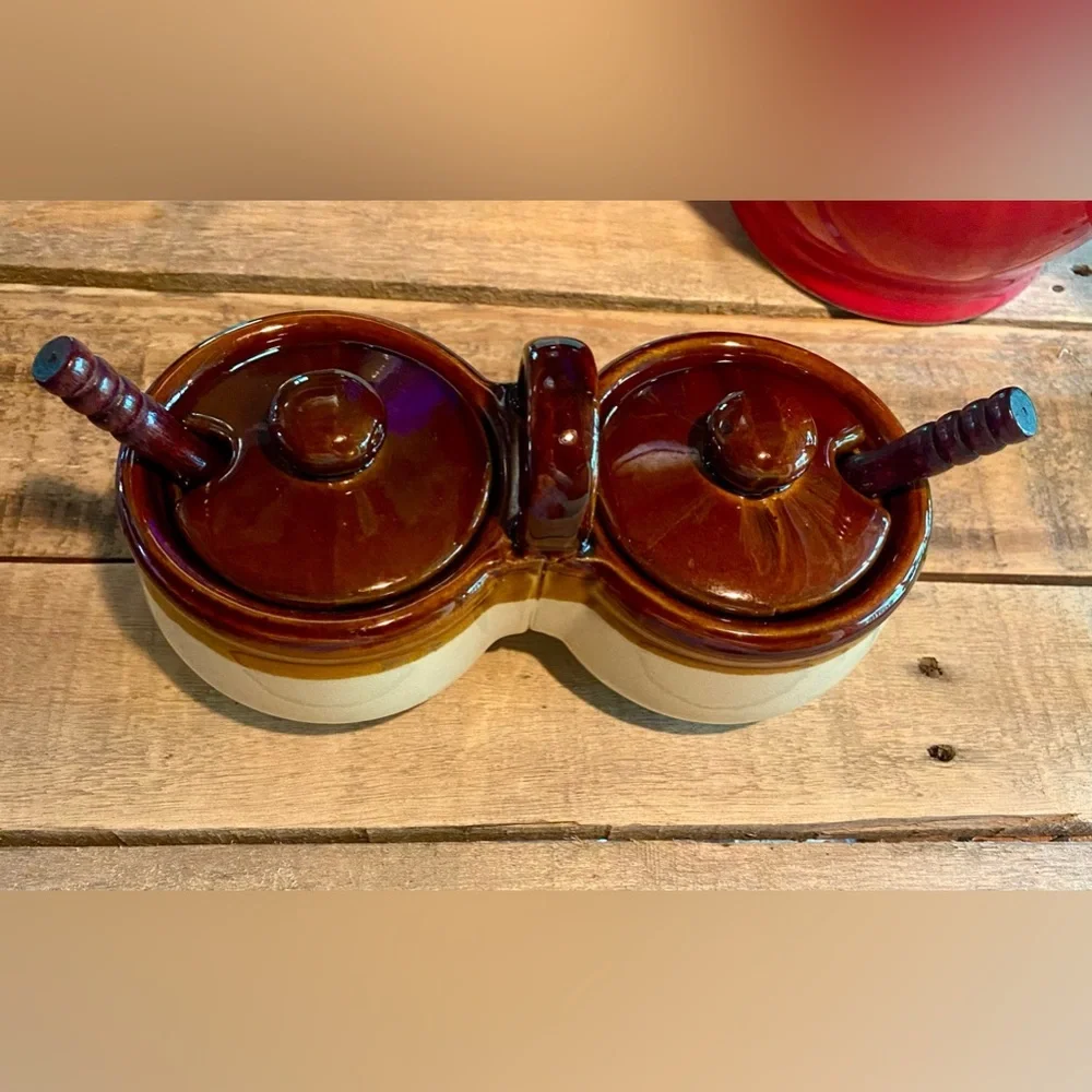 🔥Brown Drip Condiment Double Bowl with Lids & Spoons🔥